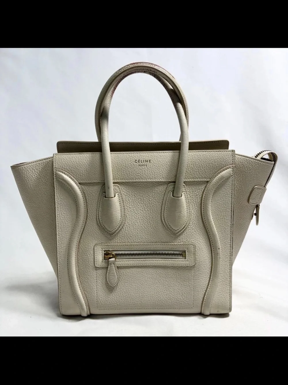 Celine Cream Pebbled Leather Mini Luggage Tote with Gold Hardware